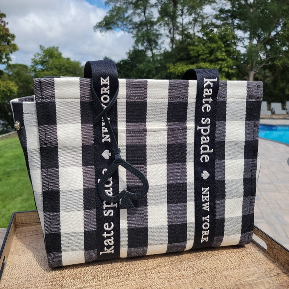 ♠️Kate Spade Gingham Large Canvas Tote Black NWT - Picture 11 of 12